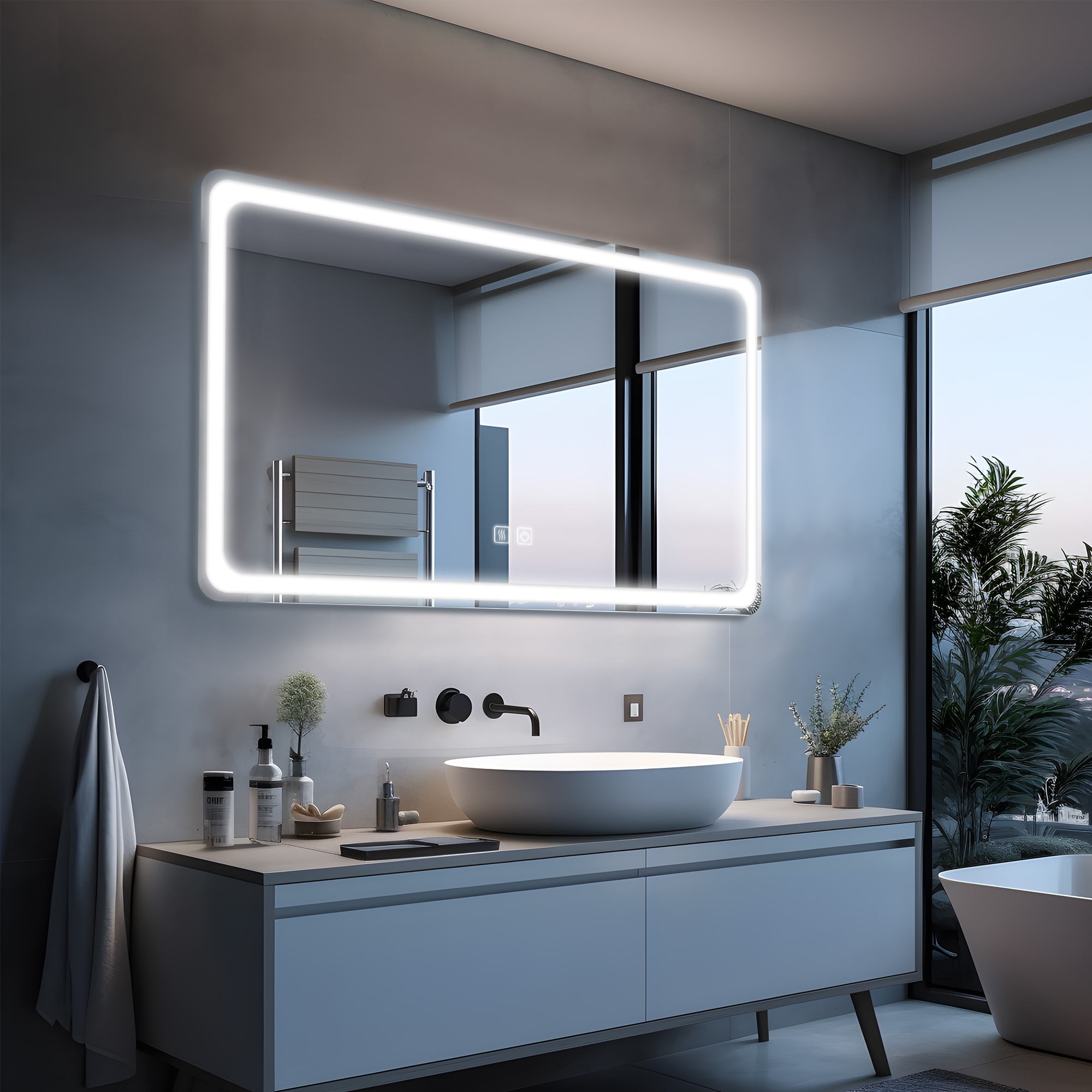 51"x31" LED Lighted Round Angle Wall Mounted Bathroom Mirror Modern Rectrangle Vanity Mirror with Anti-Fog,Silver