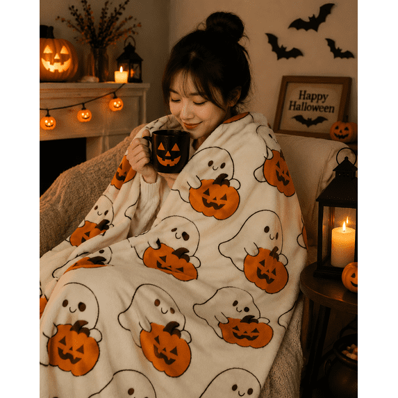 51''x59'' Halloween Faux Fur Throw Blanket with Cute Spooky Embroidery, Cozy Soft Warm Fall Throw for Couch Bedroom Living Room, Ideal Seasonal Gift Home Decorative Accent