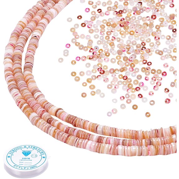 510~528pcs Natural Shell Beads 5~6mm Flat Disc Beads with 4.92 Yard Elastic Thread 1mm Beading String Work with Clay Beads for Stretchy Friendship Bracelet Anklet Choker Pink