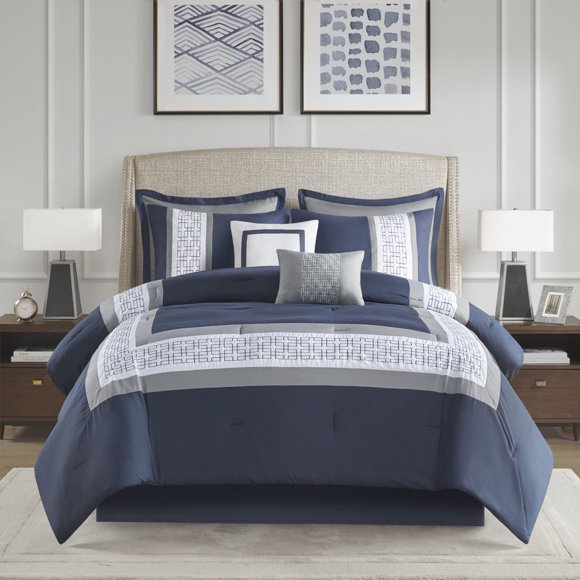 510 Design Hotel Style Embroidered 8-Piece Queen Comforter Set, Navy