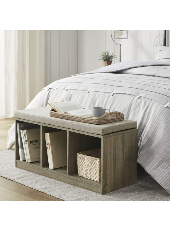 510 Design 3-Cube Storage Bench with Upholstered Seat Cushion, Gray Wood