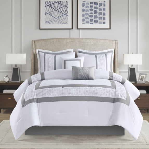510 Design Hotel Style Embroidered 8-Piece Queen Comforter Set, White