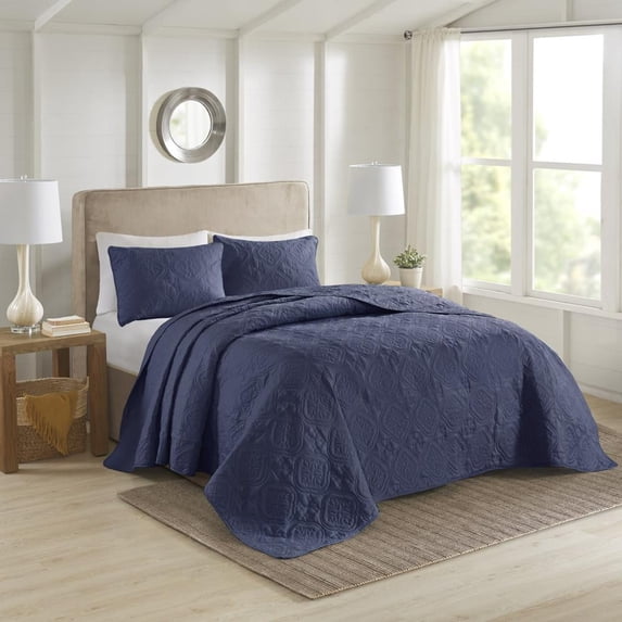 510 Design Full/Queen Size 3-Piece Quilt Set, Reversible Damask Bedspread with Shams, Navy, All Season