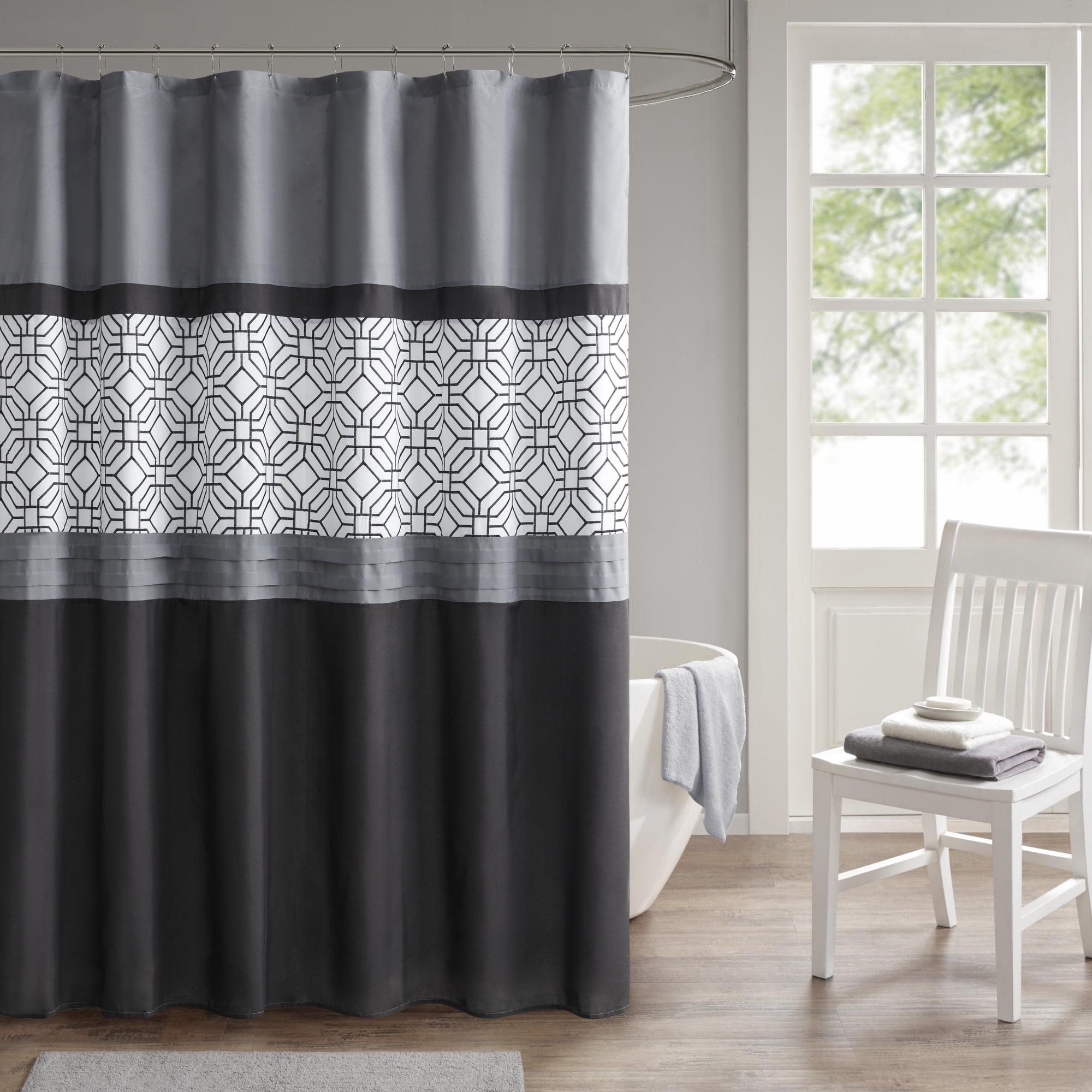 Black and Gray Geometric Embroidered Fabric Shower Curtain with Liner