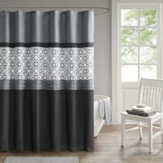 510 Design Black and Grey Shower Curtain, Transitional Embroidered with 12 Button Holes, 72 x 72