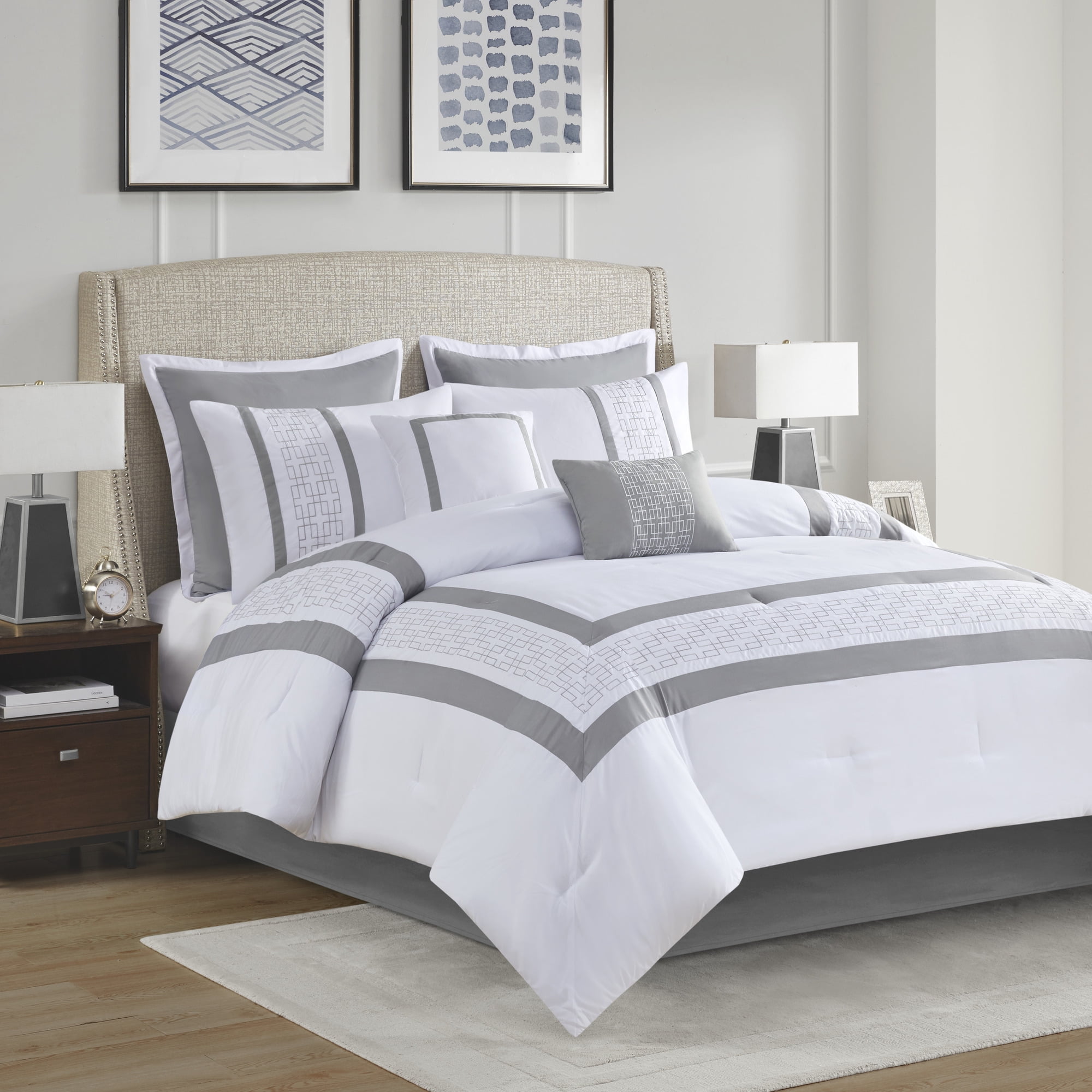 California King White Microfiber 8-Piece Embroidered Comforter Set