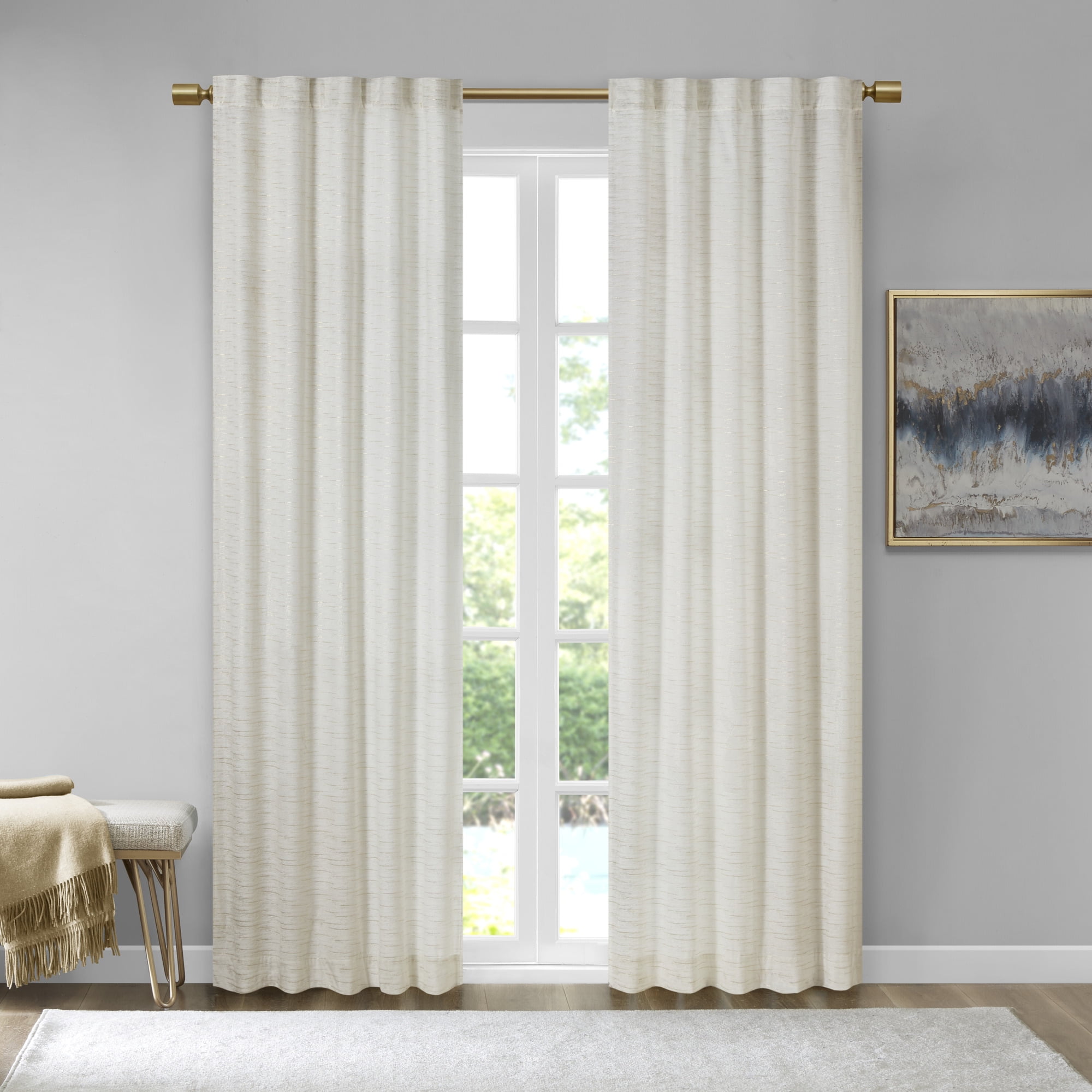 White and Gold Room Darkening Velvet Window Panel Pair
