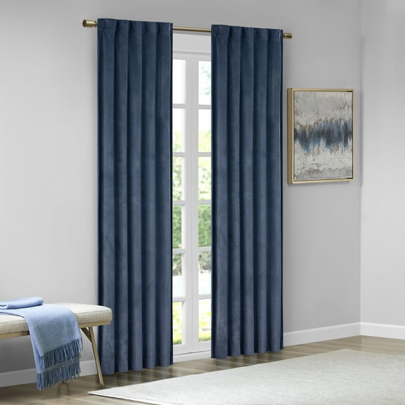 510 Design Colt 2-Piece Room Darkening Poly Velvet Rod Pocket/Back Tab Curtain Panel Pair in Navy, 37"x95"
