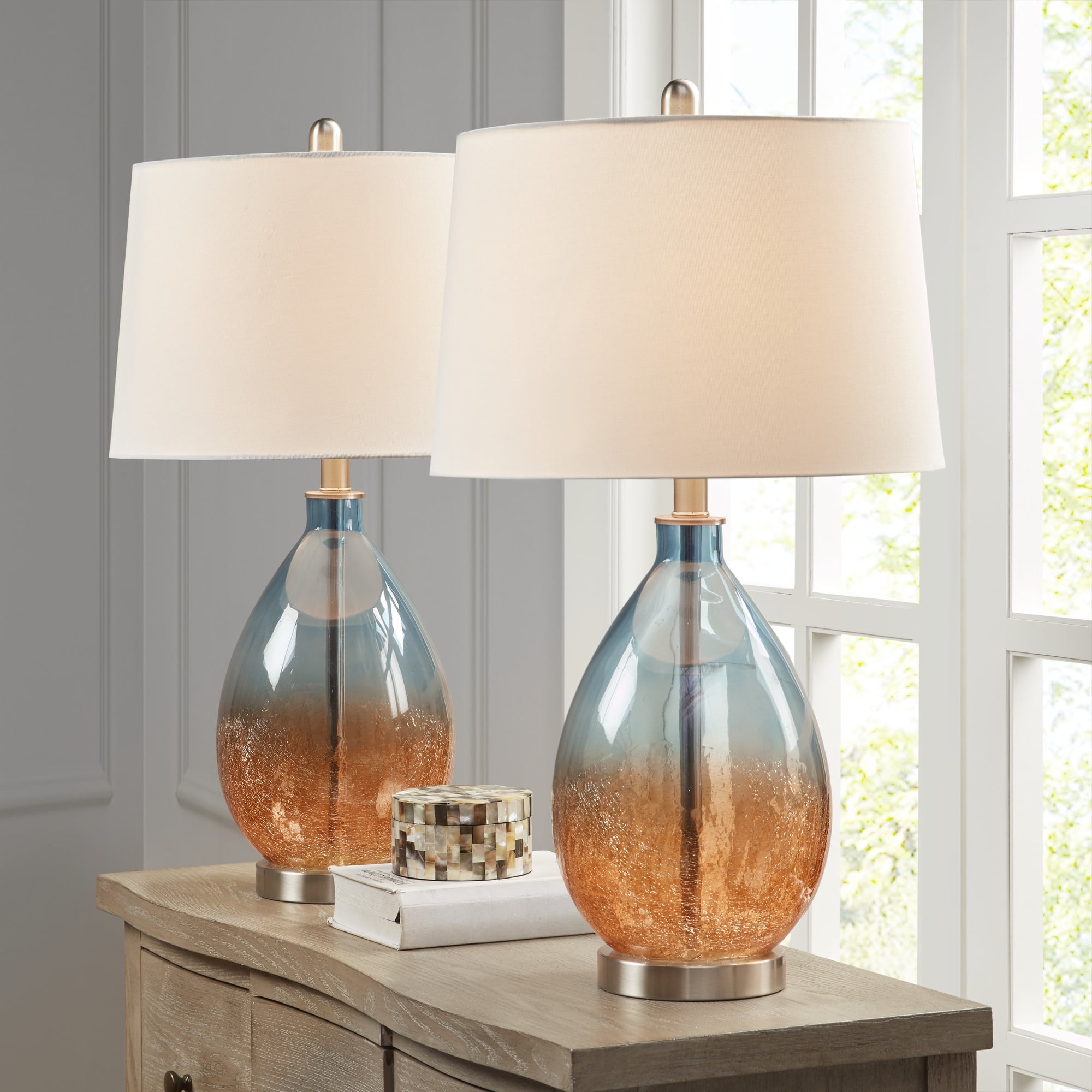 Cortina 26" Blue and Amber Ombre Glass Table Lamp Set with Drum Shade