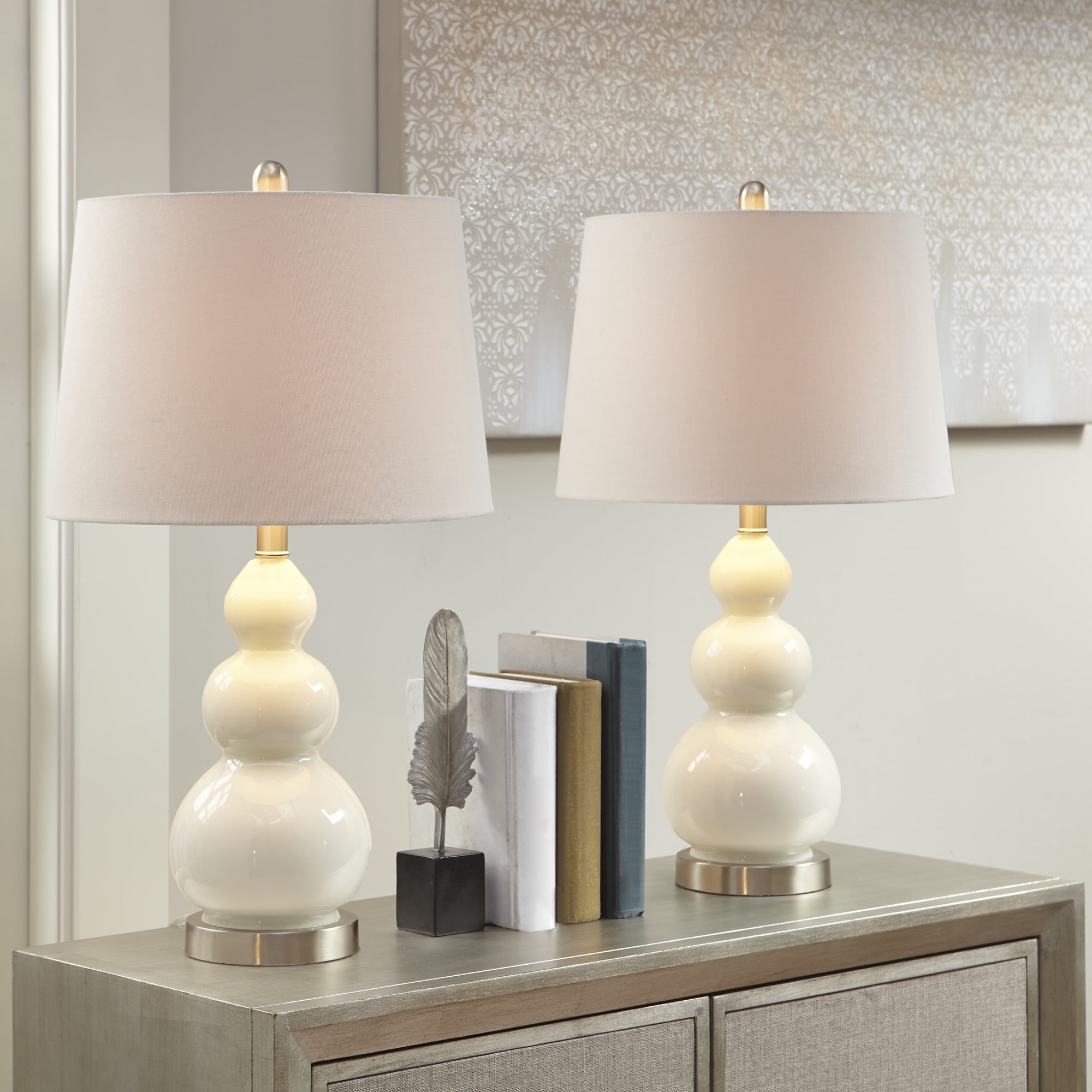 Set of 2 White Gourd Shape Table Lamps with Empire Shades