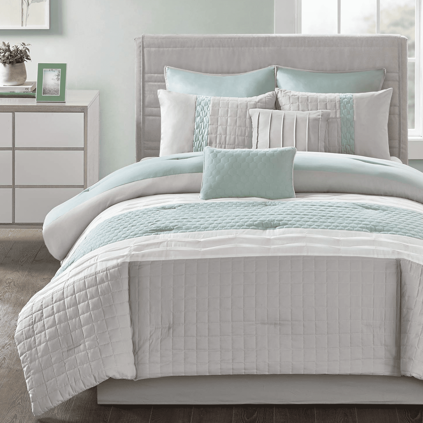 510 Design Casey Embroidered Comforter Set - Queen, Seafoam And on sale Grey