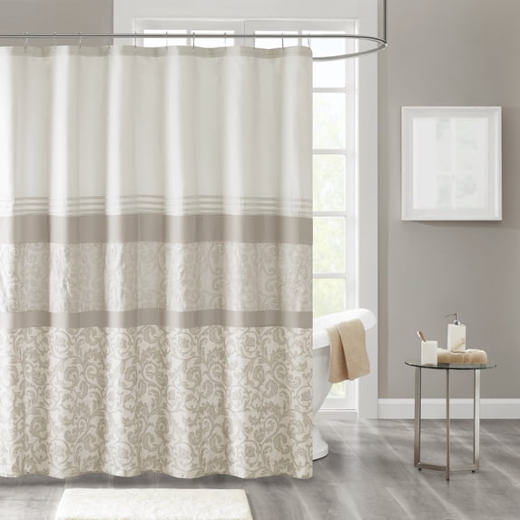 510 Design Neutral Shower Curtain, Traditional Embroidered Bath Curtain with 12 Button Holes, Machine Washable Bathroom Curtain Decor, 72x72"