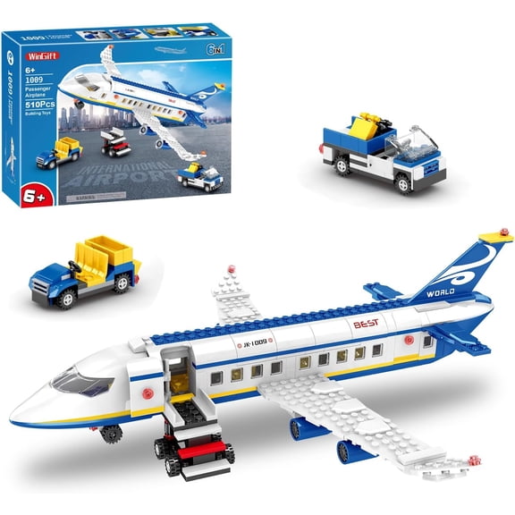 510 Pcs City Passenger Airplane Building Set, 6 IN1 Plane Building Blocks Toys, STEM Aircraft Bricks with Shuttle Bus, Baggage Truck,Airplanes Model Toys Gifts