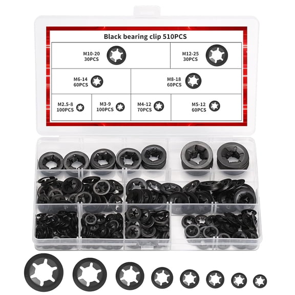 510 Pcs Internal Tooth Star Lock Washers Assortment Kit, Push on Star Locking Washers, Metal Quick Speed Retainer Washer, M2.5 M3 M4 M5 M6 M8 M10 M12 Tooth Washer(Black)