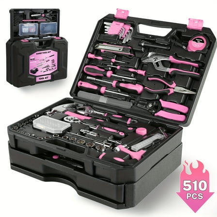 510-Piece Pink Tool Kit Set with Drawer Toolbox - Home Repair & Mechanics Combo Organizer, Suitable for Men & Women