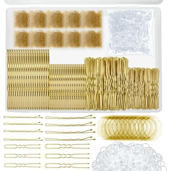 510 count Blonde Bobby Pins Hair Pins Kit with Hair Net,  Includes 100 Bobby Pins for Women, 100 U Shaped Buns Hair Clips, 300 Hair Bands and 10 Blonde Hair Nets, Dance competition  haves