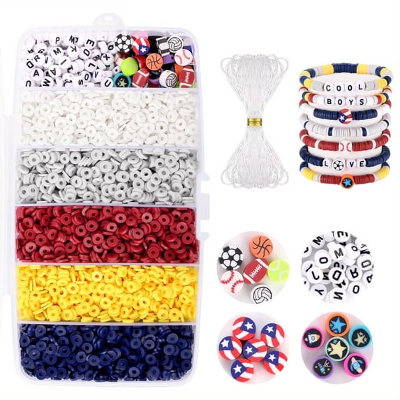 5100+ Pcs Clay Beads Kit, Red White & Blue Heishi Beads for Bracelet Making with Letter & Sports Beads, DIY Friendship Bracelet Supplies