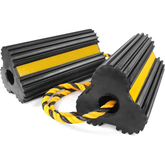 51013 Solid Rubber Wheel Chock for Travel Trailers Camper RV Truck Car Sturdiness Heavy Duty Simple Easy to use Tires Block Stopper with Nylon Rope Yellow Reflective Tape 2 Pack