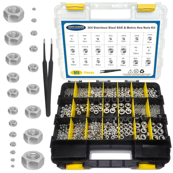 511 PCS SAE & Metric Hex Nut Assortment Kit with Double Side Organizer, 304 Stainless Steel Nuts Set (2# 4# 6# 8# 10# 12# 1/4 5/16 3/8 7/16 1/2, M2 M2.5 M3 M4 M5 M6 M8 M10 M12)