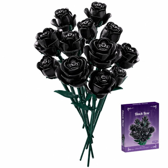 512 PCS Black Roses Flower Building Blocks, Flower Building Set for Adults, Gothic Bouquet Building Block Sets, Black Plastic Home Desk Decor Gift for Women