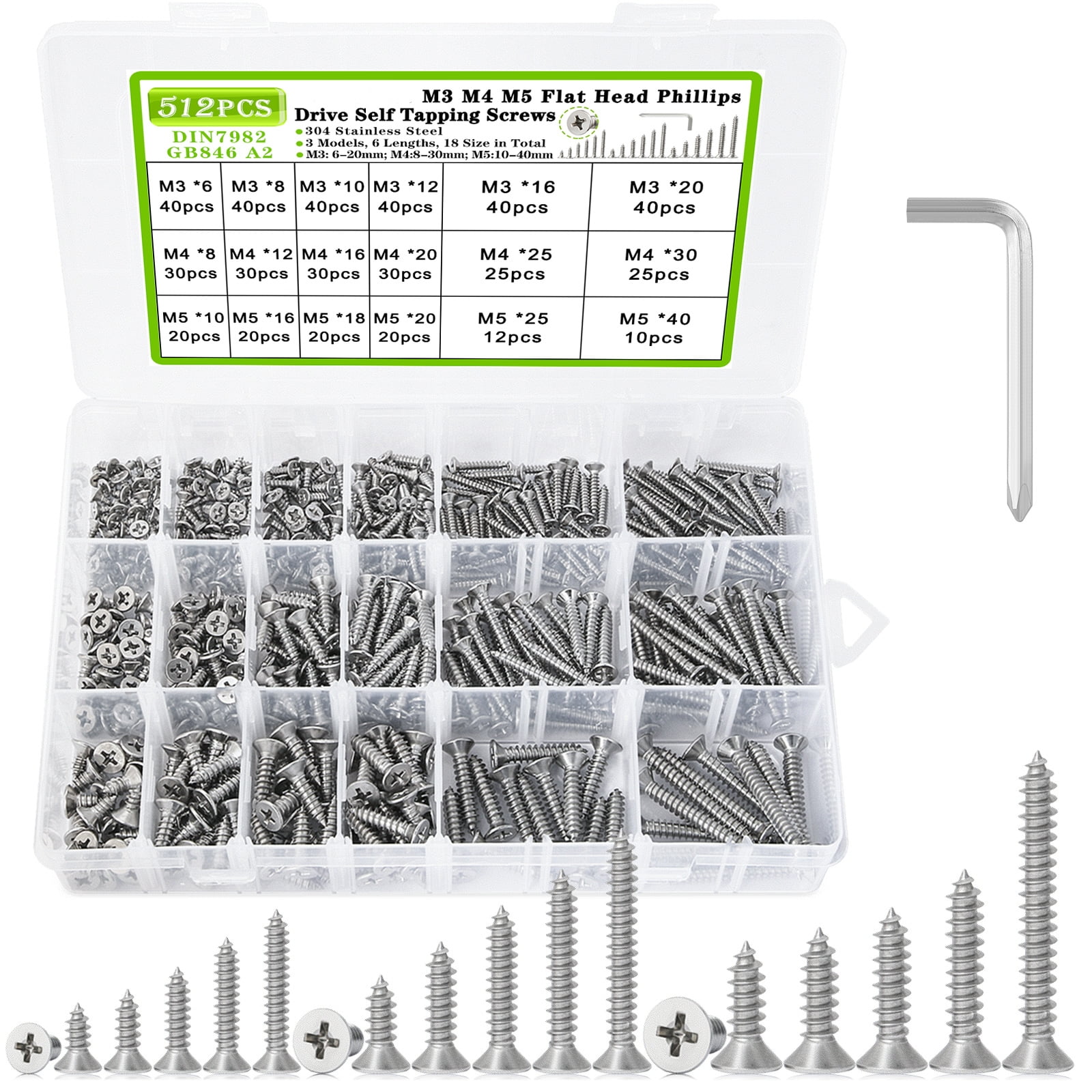 512Pcs M3 M4 M5 Assorted Long & Small Self Tapping Screws, Phillips