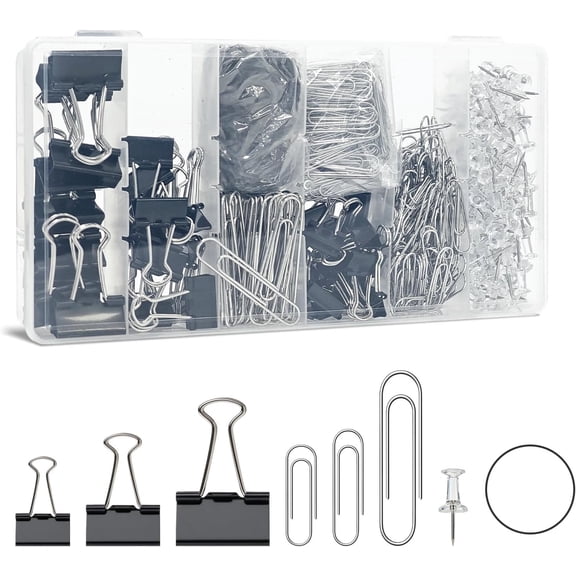 515- Office Supplies Kit -- Binder Clips, Paper Clips, Push Pins & Rubber Bands with Labeled Storage Organizer for Desk, Classroom & Office