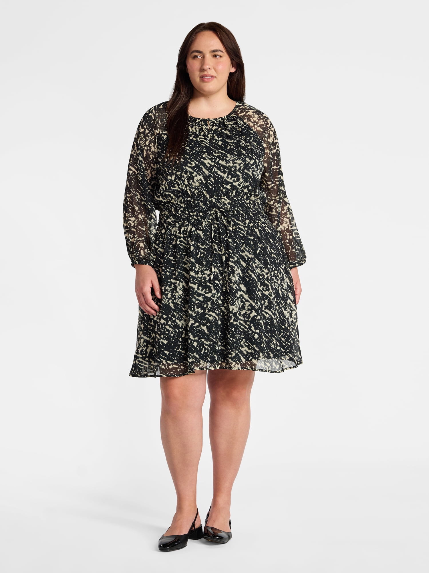 Terra & Sky Women's Plus Chiffon Cinched Mini Dress with Blouson Sleeves, Sizes 0X-5X