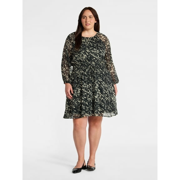 Terra & Sky Women's Plus Chiffon Cinched Mini Dress with Blouson Sleeves, Sizes 0X-5X