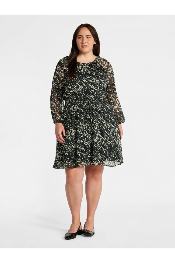 Women's Plus Chiffon Cinched Mini Dress with Blouson Sleeves, Sizes 0X-5X