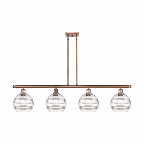 516-4I-AC-G556-8CL-Innovations Lighting-Rochester - 4 Light Stem Hung Island In Industrial Style-10.38 Inches Tall and 48 Inches Wide-Antique Copper