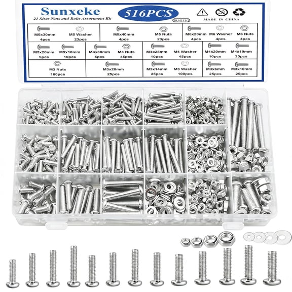 516Pcs Nuts and Bolts Assortment Kit, 21 Sizes (M3 M4 M5 M6) Assorted Phillips Pan Head Nuts Bolts and Washers kit for Furniture Assembly, Automotive, Machinery DIY Repair Projects (Silver)