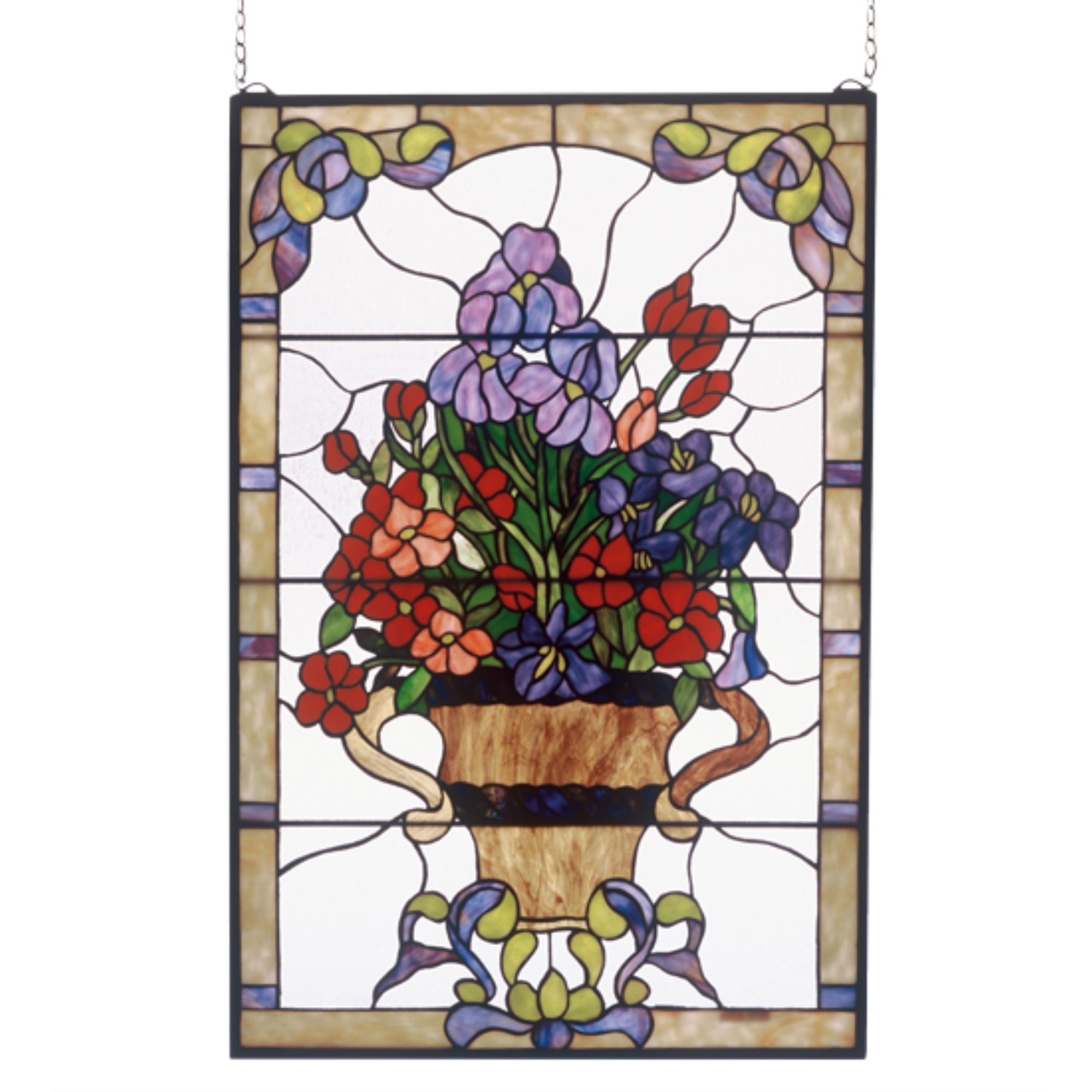Multicolor Floral Arrangement Stained Glass Window with Brass Frame
