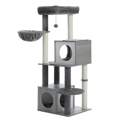 51In.Wooden Dual Condos Cat Tree with Fully Wrapped Scratching Posts Grey