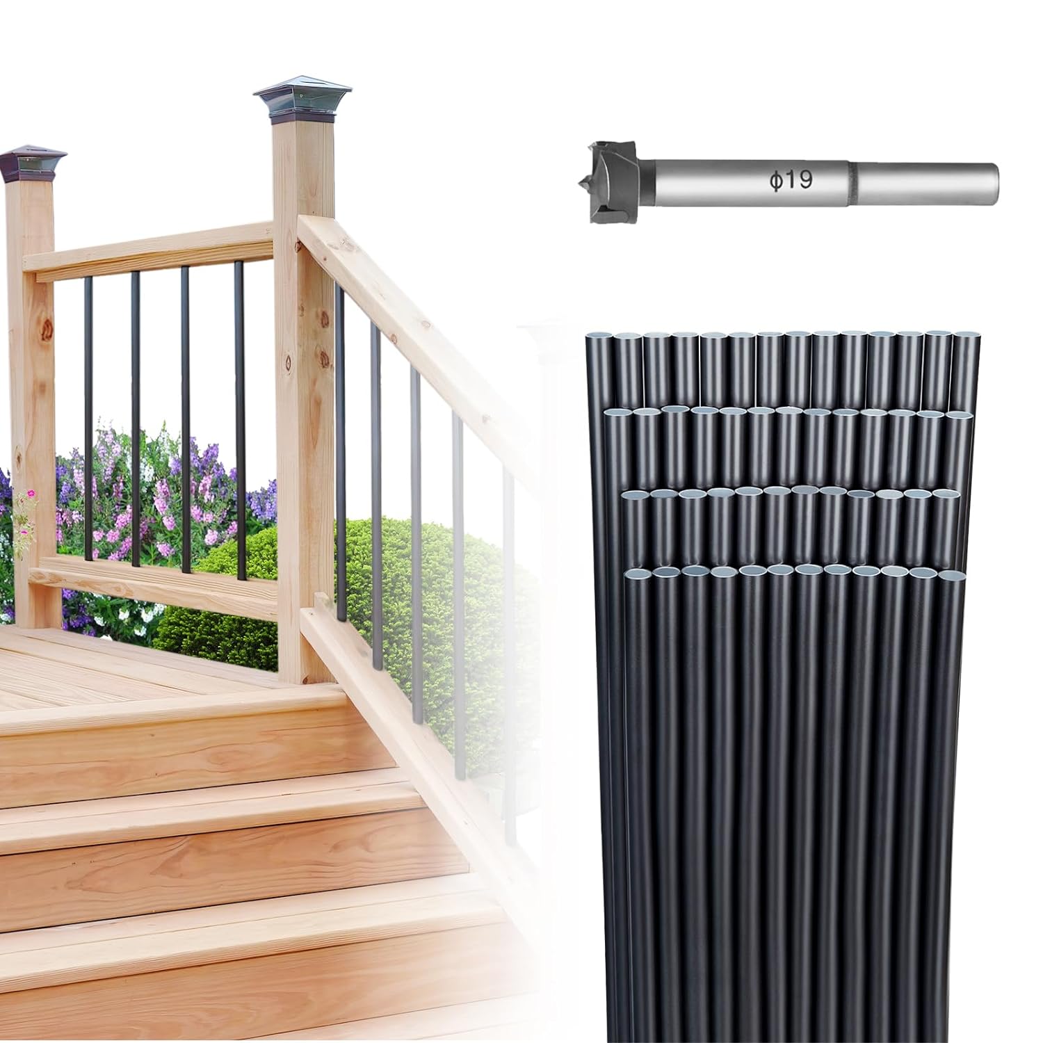 51Pack 36" x 3/4" Aluminum Deck Balusters Round Hollow Black Deck