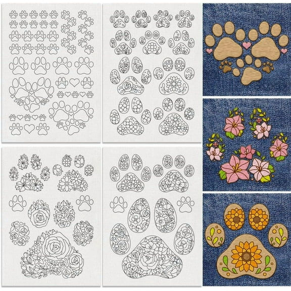 51Pcs Paw Print Flower Water Soluble Hand Sewing Stabilizers 8.3"x11.7" Cat Dog Paw Floral Embroidery Pattern Stabilizer 4 Sheets Footprints Stick and Stitch Embroidery Paper Sticker for DIY