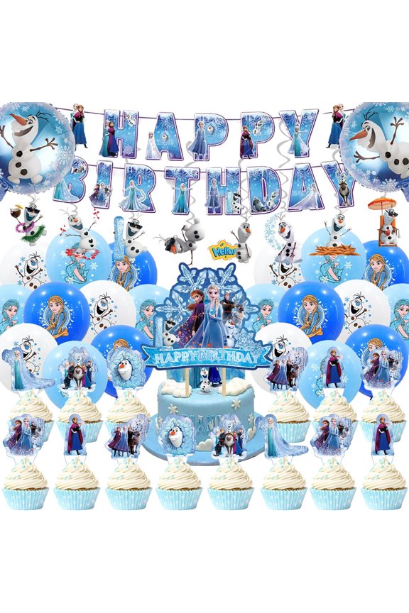 51Pieces Frozen Birthday Party Decorations 1Banner 15Balloons 1Cake Topper 24Cupcake Toppers 8Hanging Swirl 2Foil Balloons for Kids Birthday Party Supplies