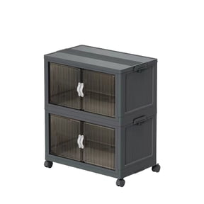 51QT 2 Tier Stackable Storage Bins with Magnetic Front Door & Top Lid, Collapsible Plastic Foldable Storage Cabinet, Closet Organizer for Bedroom, Kitchen, Bathroom Gray 2T