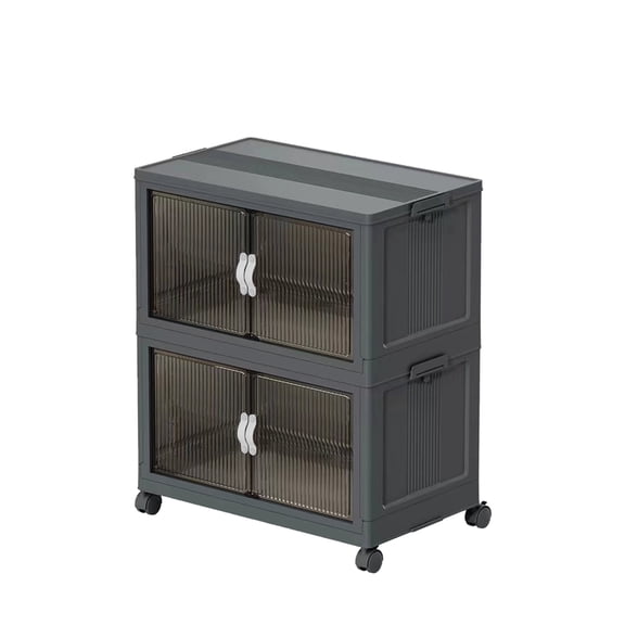 51QT 2 Tier Stackable Storage Bins with Magnetic Front Door & Top Lid, Collapsible Plastic Foldable Storage Cabinet, Closet Organizer for Bedroom, Kitchen, Bathroom Gray 2T