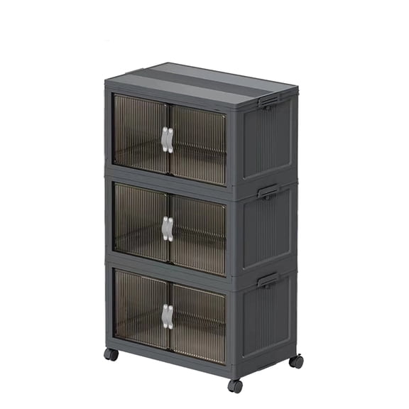 51QT 3 Tier Stackable Storage Bins with Magnetic Front Door & Top Lid, Collapsible Plastic Foldable Storage Cabinet, Closet Organizer for Bedroom, Kitchen, Bathroom Gray 3T