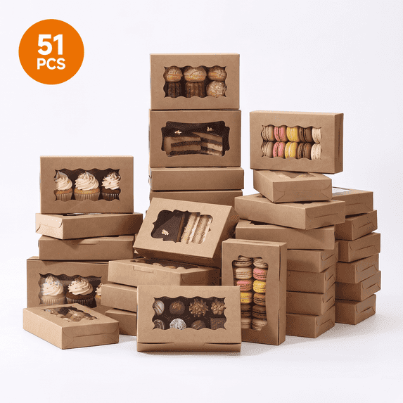 51 PCS Cookie Boxes with Window & Stickers, Brown Kraft Bakery Boxes for Cookies Treats , Desserts, Cupcakes, Macarons, Perfect for Wedding, Party Favors and Gift Giving