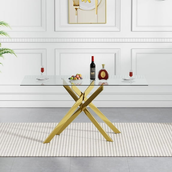 51in Rectangle Glass Dining Table for 4, X-Shape Metal Legs for Kitchen, Dining Room, Living Room, Tea Table for 2-4 (Gold, Rectangular)