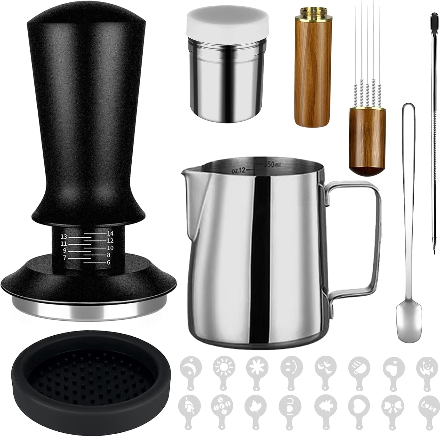 51mm Espresso Accessories Kit, 23PCS Coffee Espresso Tamper Set with Tamper, WDT Tool, Stirrer, Frothing Pitcher, Latte Art Pen, Coffee Stencils, Milk Pitcher, Latte Art Kit for Espresso Machine