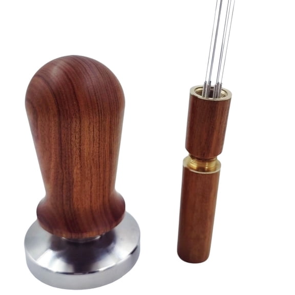 51mm Espresso Tamper & Stirrer Set, Spring-Loaded flat 304 stainless steel Base Coffee Tamper with Distributor, Wooden Handle coffee tamper with WDT Tool for Espresso Machine Accessories