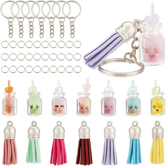 51pcs 7 Colors Juice Tea Keychain Making Kit Luminous Cup with Cute Face Keychain Kit Juice Tea Cup Pendants with Tassels Keychain Rings Keychain Accessories for DIY Keychain