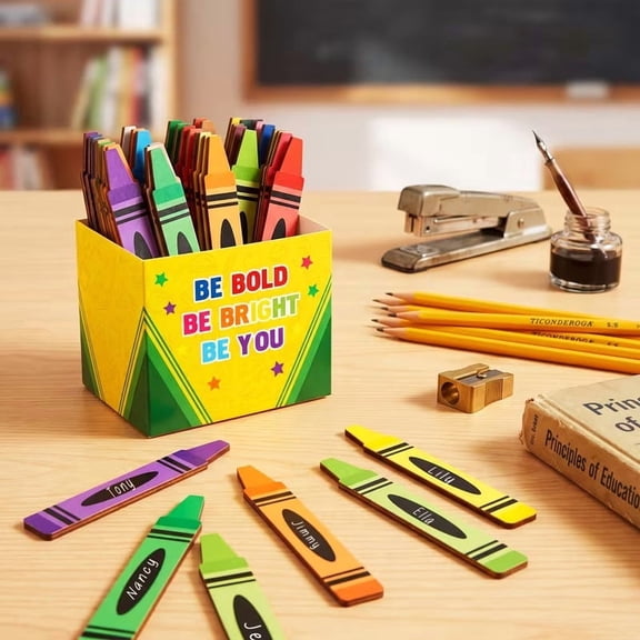 51pcs Crayon-Shaped Wooden Name Sticks - Eco-Friendly Classroom Desk Labels for Student Organization, Cubbies & Personalized Supplies