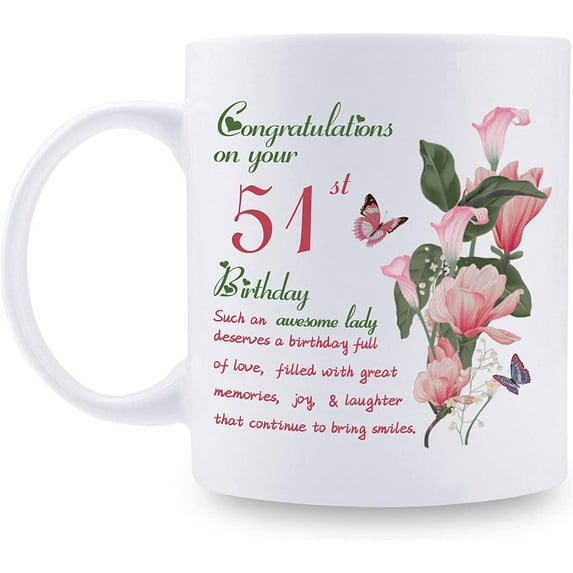 51st Birthday Gifts for Women - Congratulations on Your 51st Birthday Awesome Lady Mug - 51st Birthday Gifts for Wife Mom Friend Sister Aunt Coworker - 11oz Coffee Mug