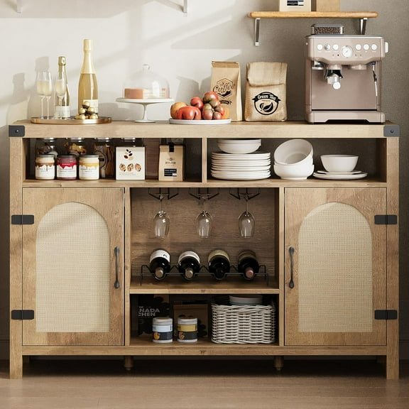 52.1" Rattan Buffet Cabinet with Storage, Boho Farmhouse Sideboard with Adjustable Shelves, Drawer, Doors, Kitchen Coffee Bar Cabinet, Natural Oak