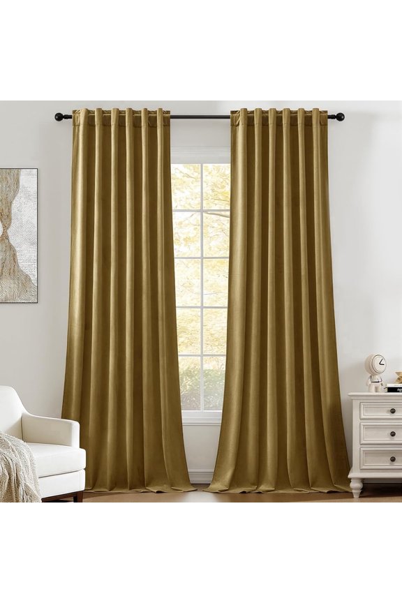 52*84 inch 2 Panels Velvet Curtains for Home, Room Darkening Heat Blocking Blackout Window Curtains Back Tab Rod Pocket Drapes for Bedroom,Living room,Office,Gold Brown