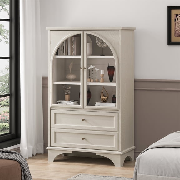 52.17"Glass Door Display Case Storage Cabinet with 2 Drawers and Adjustable Shelf, Spacious Storage Solutions, Curio Cabinet for Living Room, Bedroom, Kitchen and Office, Vintage White