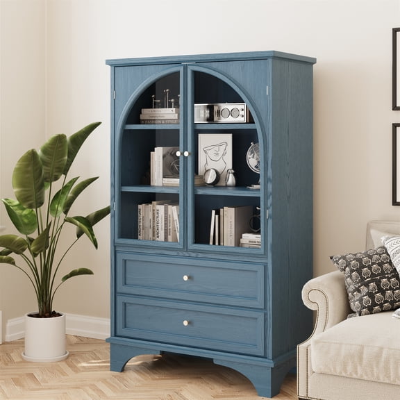 52.17"H Glass Door Display Case Storage Cabinet with 2 Drawers and Adjustable Shelf, Spacious Storage Solutions, Curio Cabinet for Living Room, Bedroom, Kitchen and Office, Blue